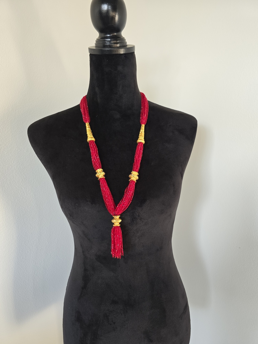 Red Beaded Tassel Necklace with Gold Accents